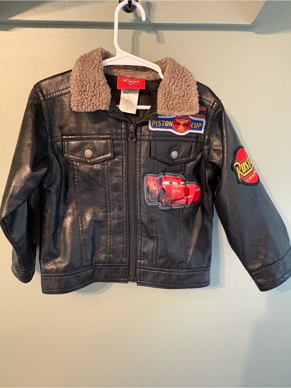 Disney Pixar Cars Black Faux Leather Jacket with Shearling Collar